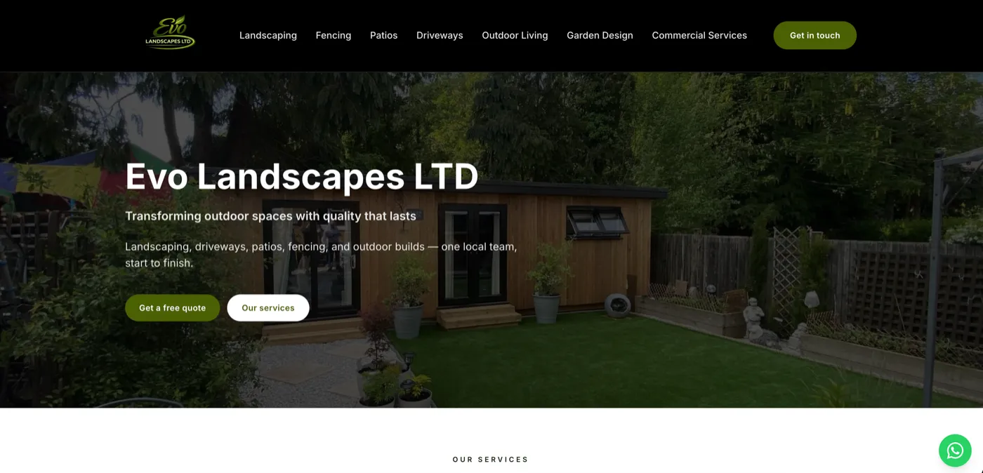 Screenshot of Evo Landscapes LTD - Professional website example built by Get A Site